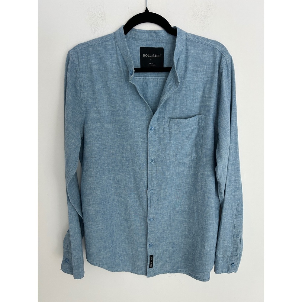 Hollister Mens Small Blue Linen Blend Band Collar Long Sleeve Button Down Shirt
